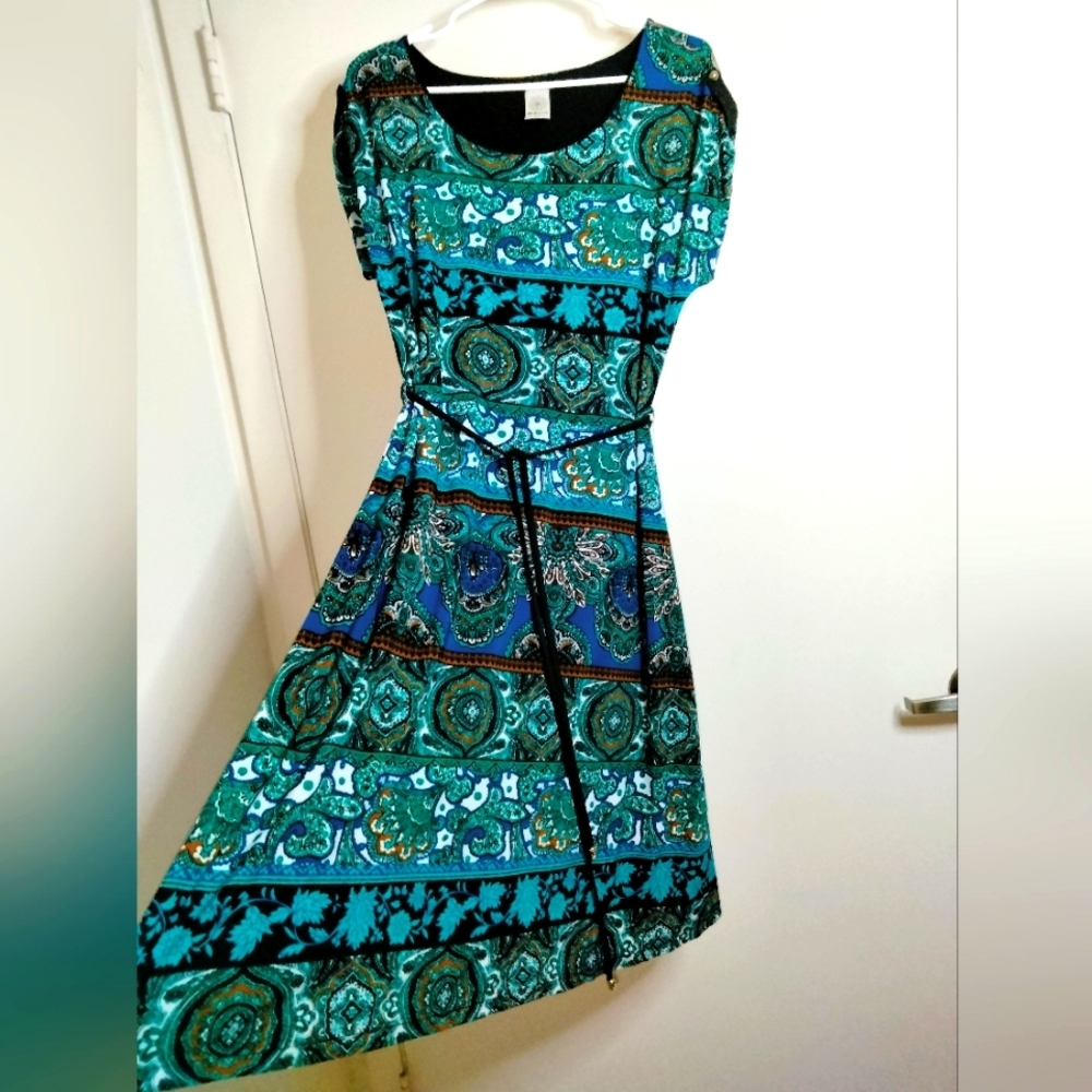 Plica (Size 10) Multicolored Print Fit & Flare Belted Dress